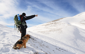 Hiker and his dog standing on a mountain, looking at the top.
