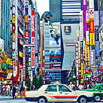 Colourful signs adorn buildings in the Shinjuku area of Tokyo, Japan.