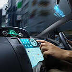 Cockpit of autonomous car with dashboard screen using AI technology.