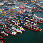Aerial view of a port with ships.